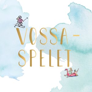 Framsida på Vossaspelet: tittelen i gull over ein lyseblå akvarell med ein skiløpar